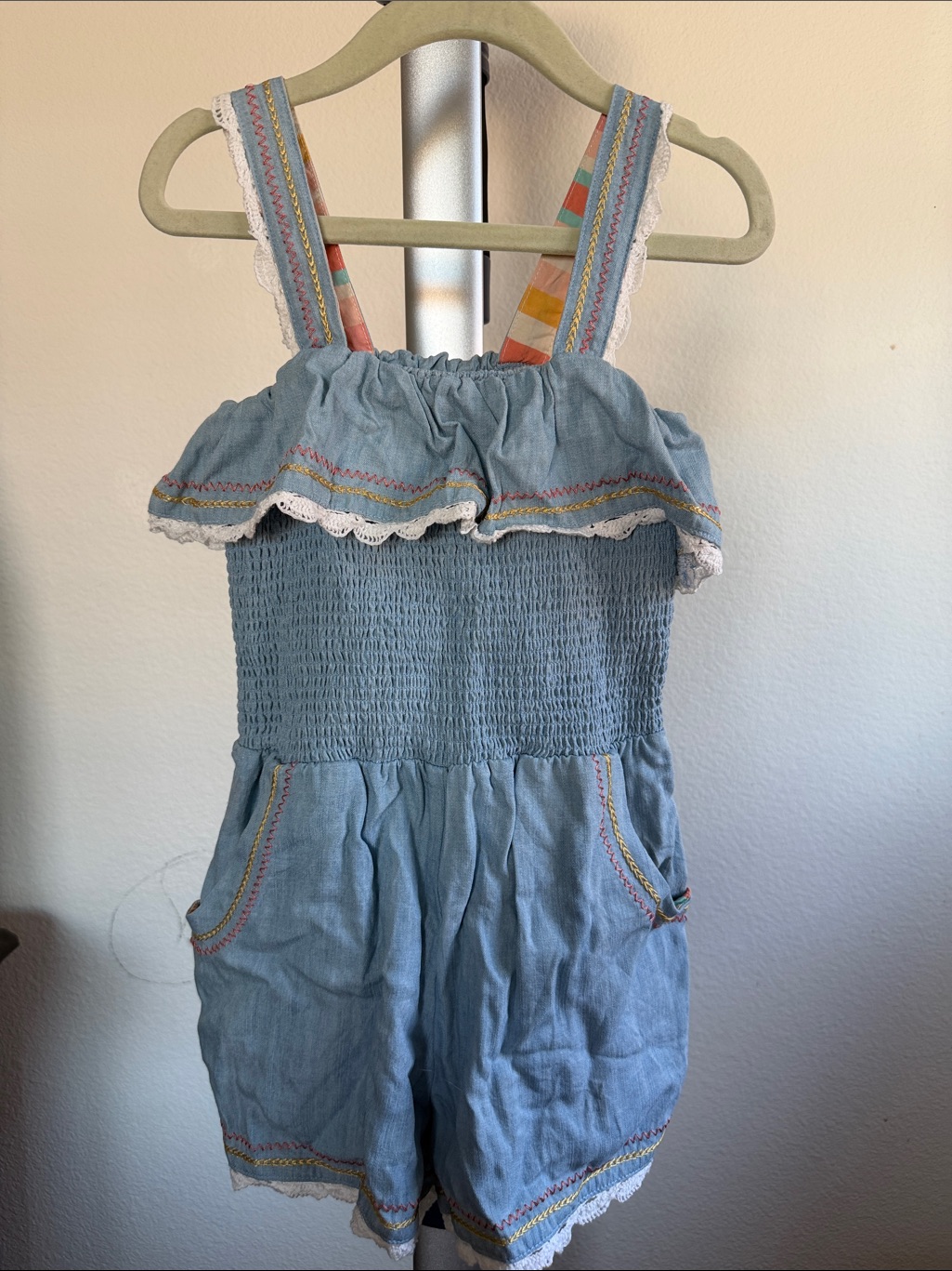 Matilda Jane Light Blue Denim Smocked Romper With Multicolor Striped Straps